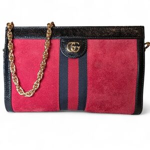 GUCCI Ophidia Marmont Chain Shoulder Bag Red Suede Black Leather